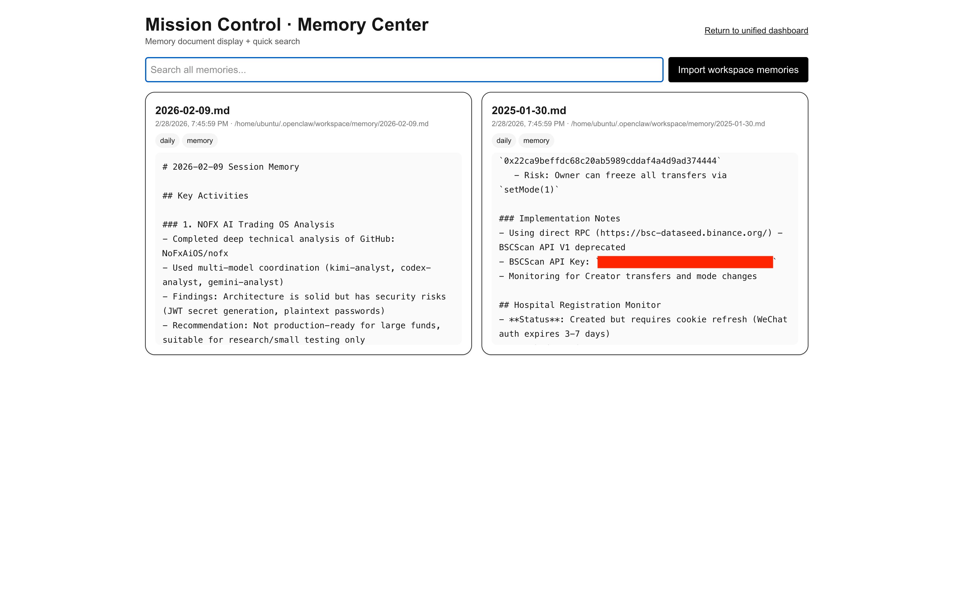 OpenClaw Mission Control Memory Center met sessiegeheugen en afgeschermde API-keys zichtbaar voor onbevoegden