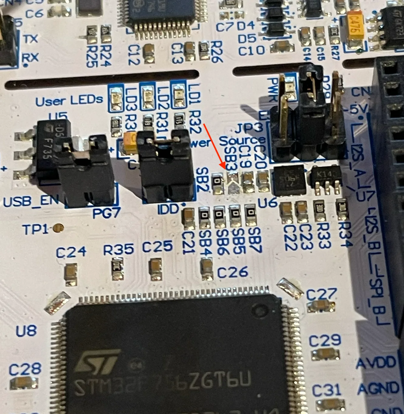 Position of the removed SB3 0 Ohm resistor from the Nucleo board