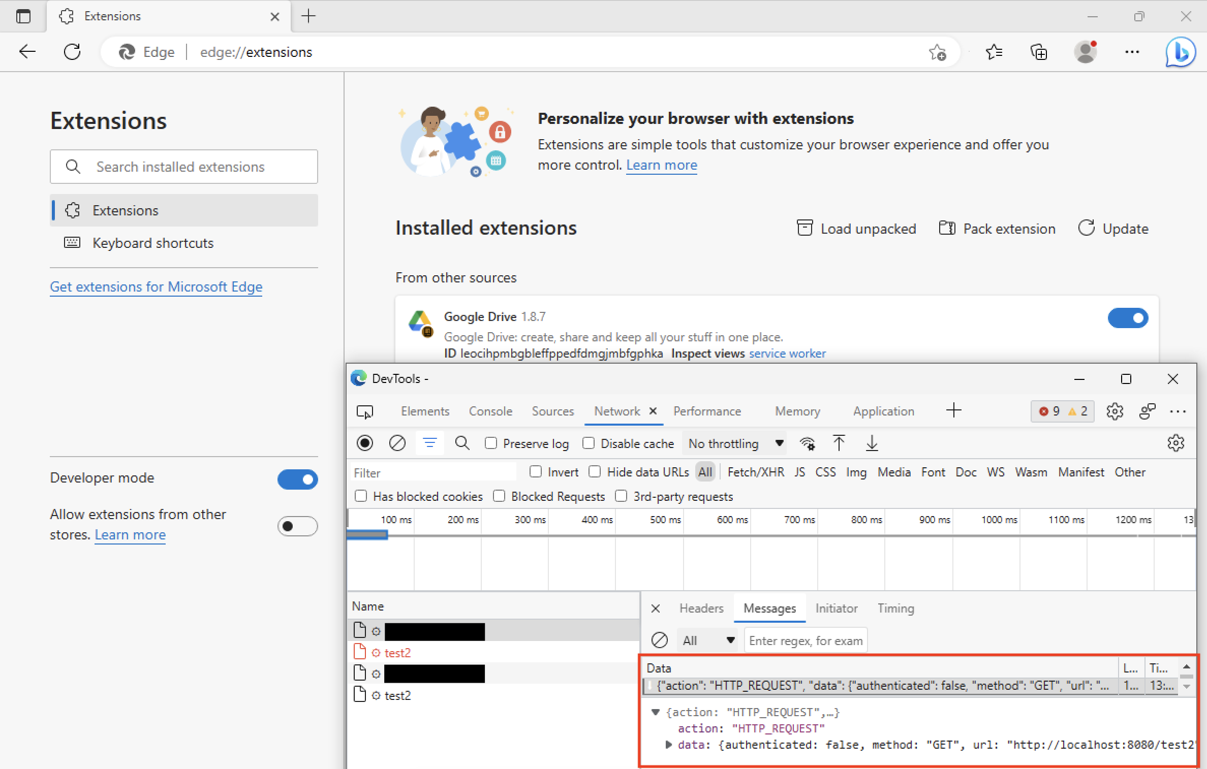 HTTP_REQUEST message sent by the emulated C2 server to the browser extension