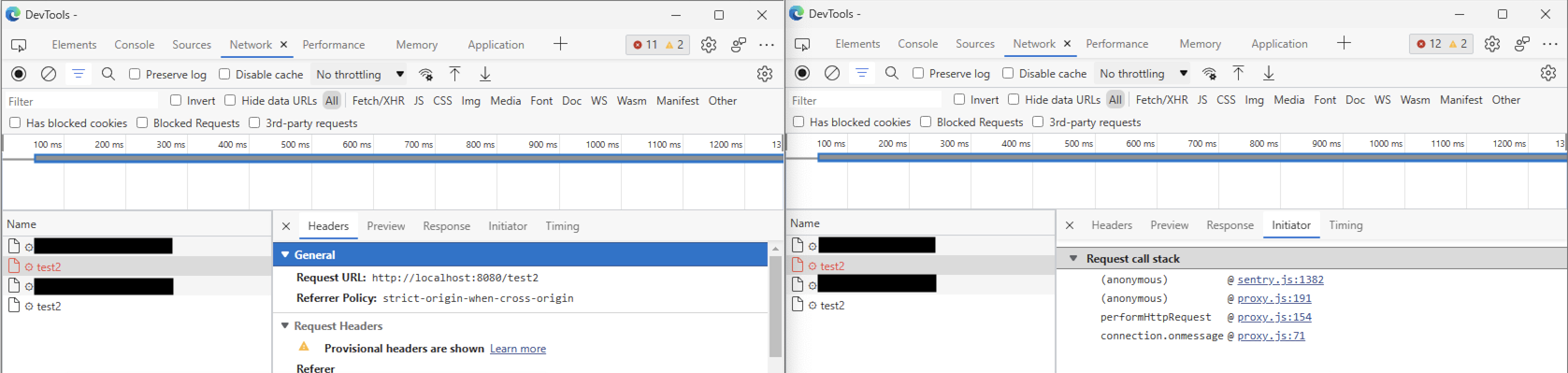 Requests from the extension to localhost:8080/test2