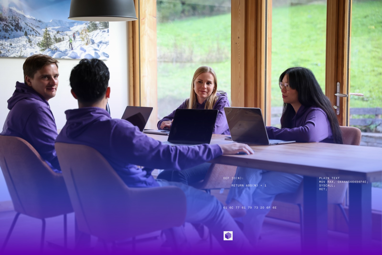 Four DEFION colleagues hanging out in a mountain cabin